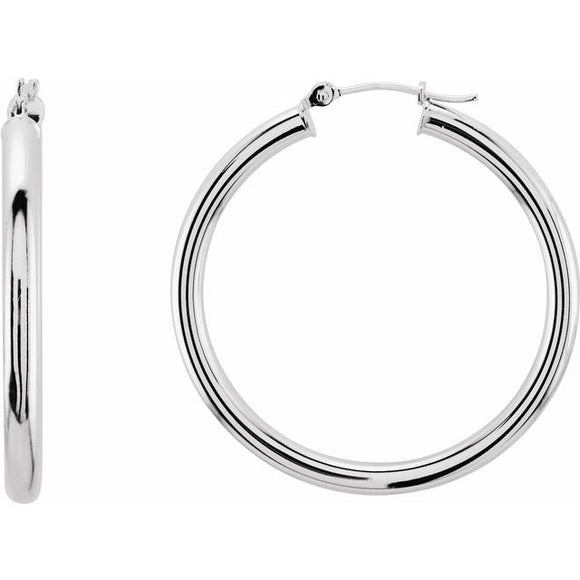 14K White Gold 3 mm Wide Hoop Earrings, Round Profile