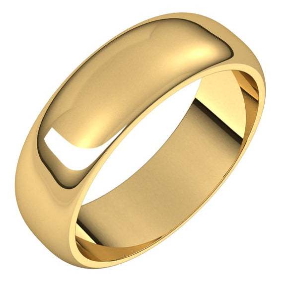 14K Yellow Gold Half Round Wedding Band, 6 mm Wide