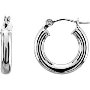 14K White Gold 3 mm Wide Hoop Earrings, Round Profile