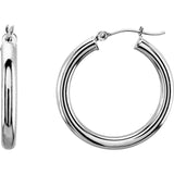 14K White Gold 3 mm Wide Hoop Earrings, Round Profile