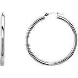 14K White Gold 3 mm Wide Hoop Earrings, Round Profile